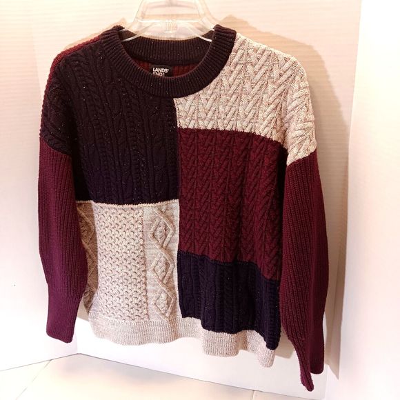 Lands End Sweater Mens S Colorblock Cable Knit Patchwork Grandpa Wool Blend - Picture 2 of 9